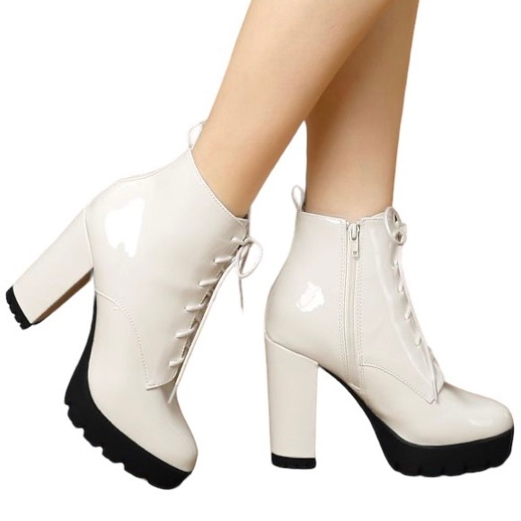 ALLEGRA K White Patent Leather Platform Lace Up Chunky Heel Combat Boots, 7.5 - Picture 2 of 13
